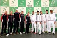 The US (L) and Serbian Davis Cup teams at the draw ceremony in Boise, Idaho, on April 4, 2013
